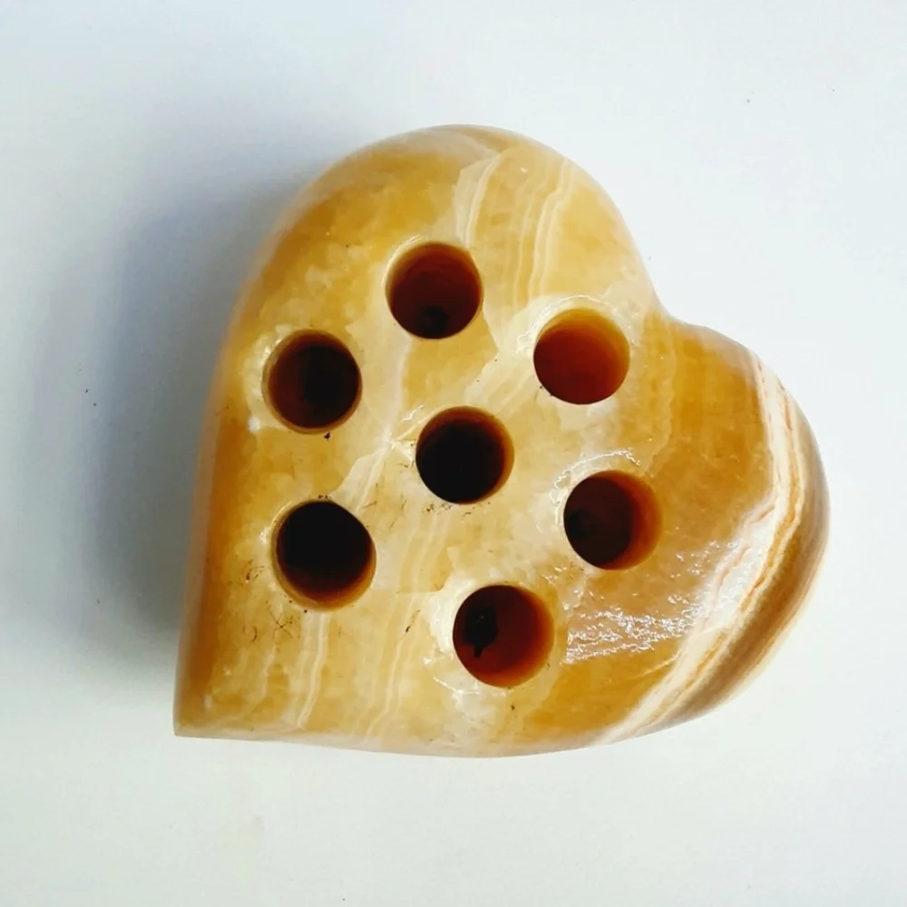 Onyx Stone Heart Pencil Pen Holder Amber Ivory Layered Marbling Desk Top